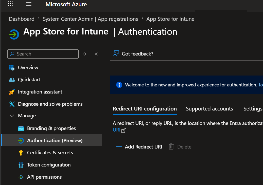 Authentication (Preview) blade for the App Store app registration with the + Add Redirect URI button visible