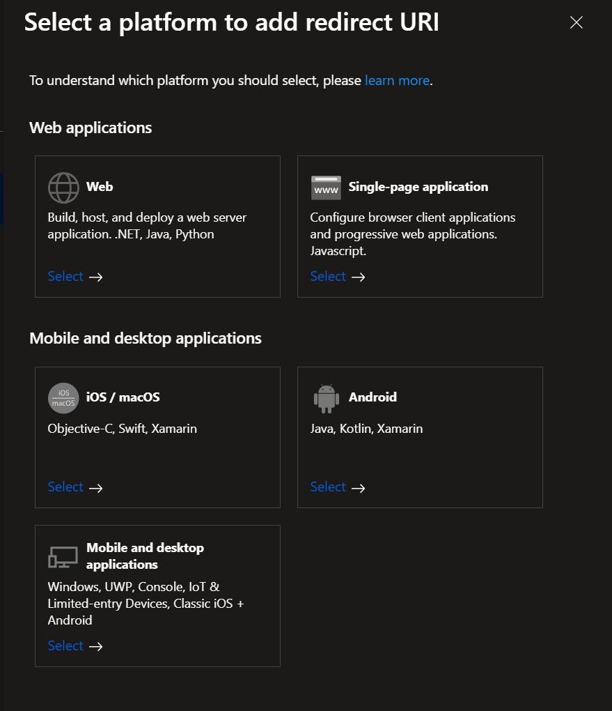 Select a platform dialog showing Web, Single-page application, iOS / macOS, Android, and Mobile and desktop applications tiles