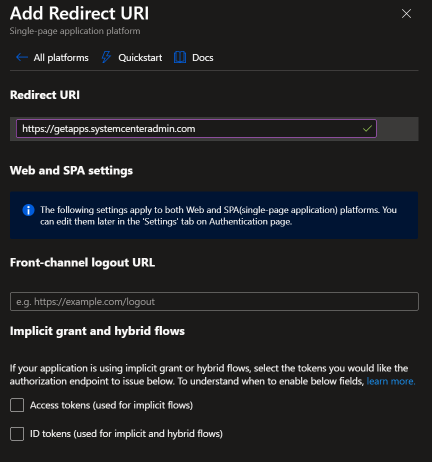 Add Redirect URI dialog for the Single-page application platform with Redirect URI filled in, Front-channel logout URL blank, and both implicit grant checkboxes unchecked