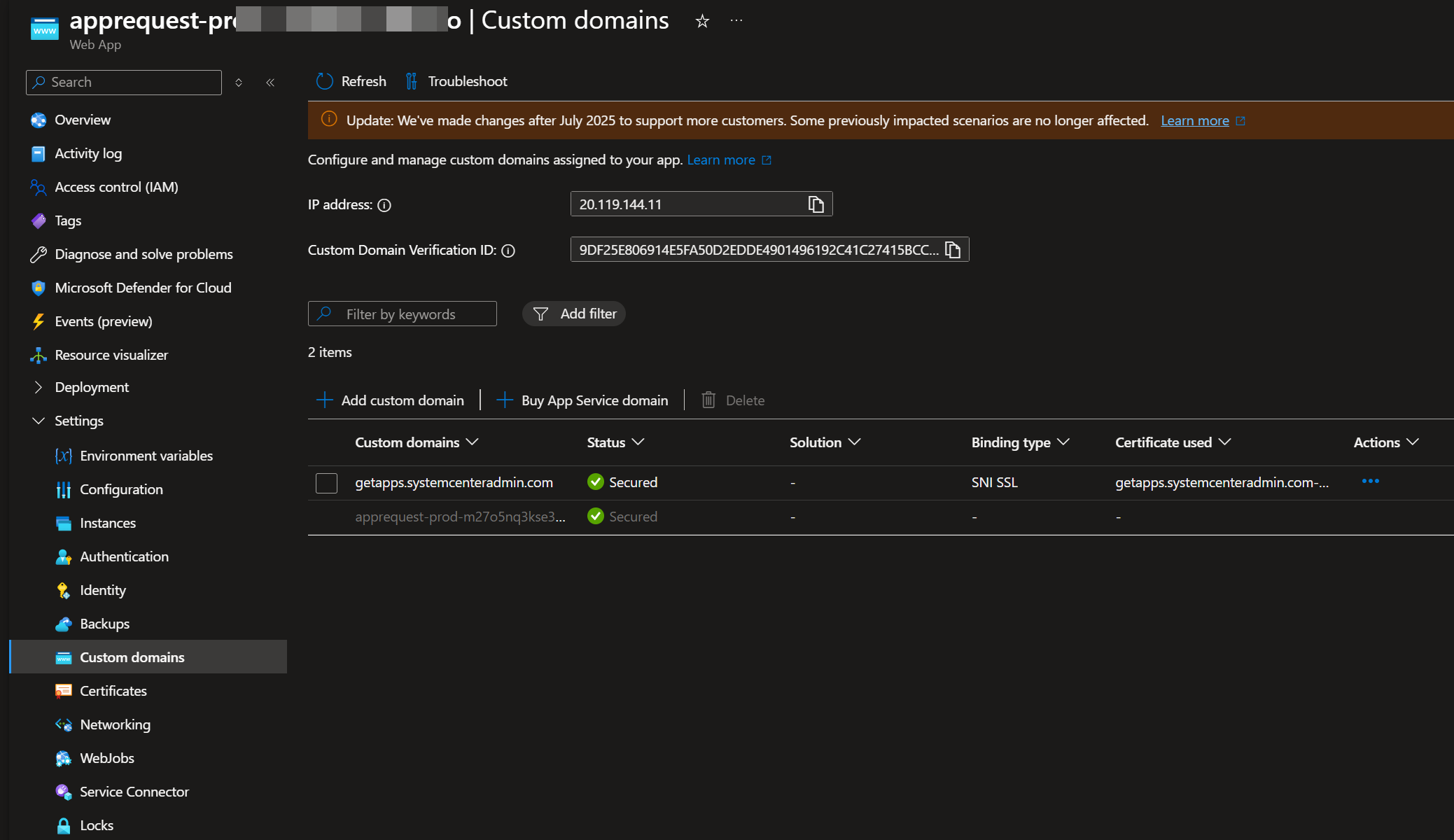 Custom domains list showing the new domain with Status: Secured and Binding type: SNI SSL