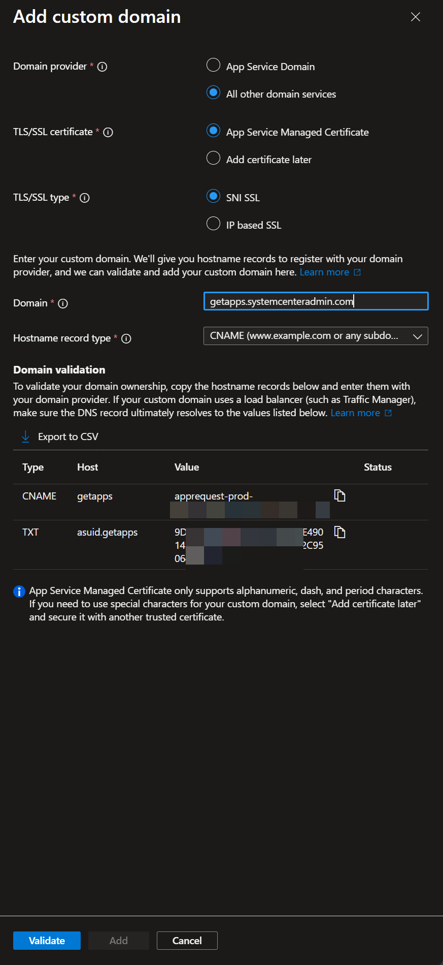 Azure Portal Add custom domain dialog with All other domain services selected, App Service Managed Certificate, SNI SSL, and the Domain validation section showing the expected CNAME and TXT records
