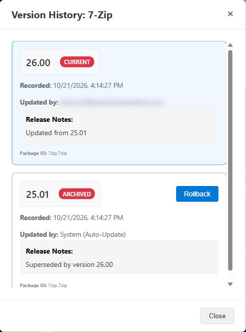 Version history for an app with rollback option