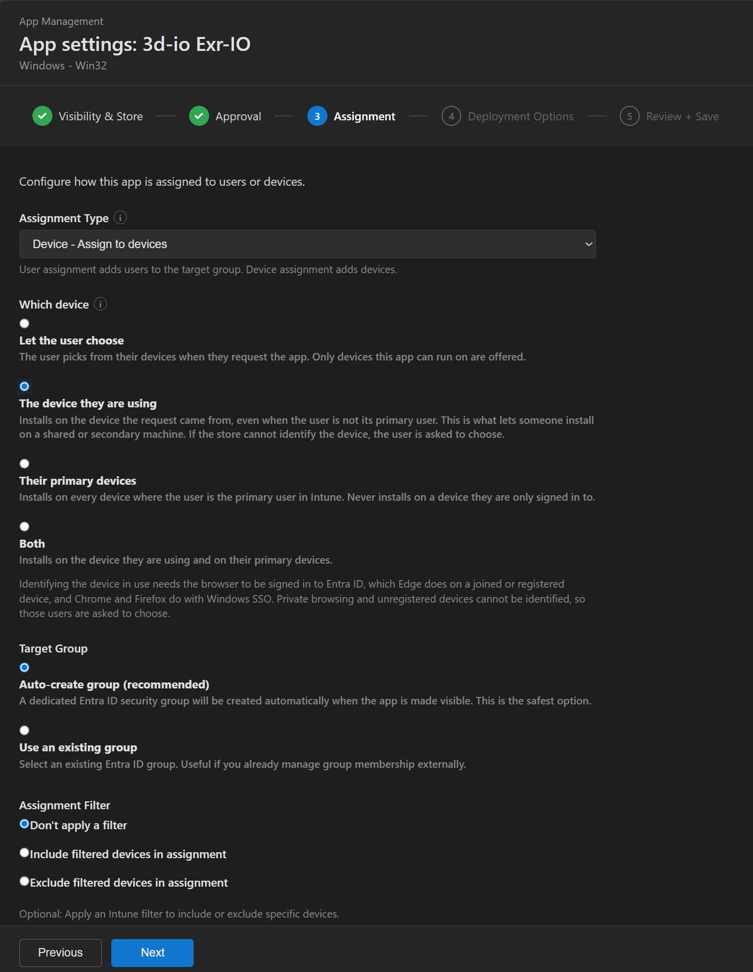 The Assignment step of the App settings wizard, with Assignment Type set to Device and the Which device options showing: Let the user choose, The device they are using, Their primary devices, and Both