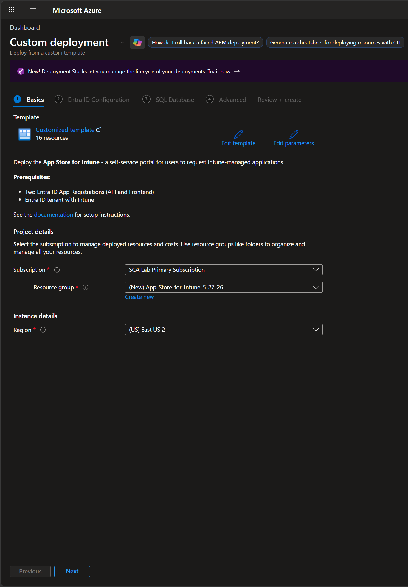 Basics tab of the App Store for Intune deployment wizard