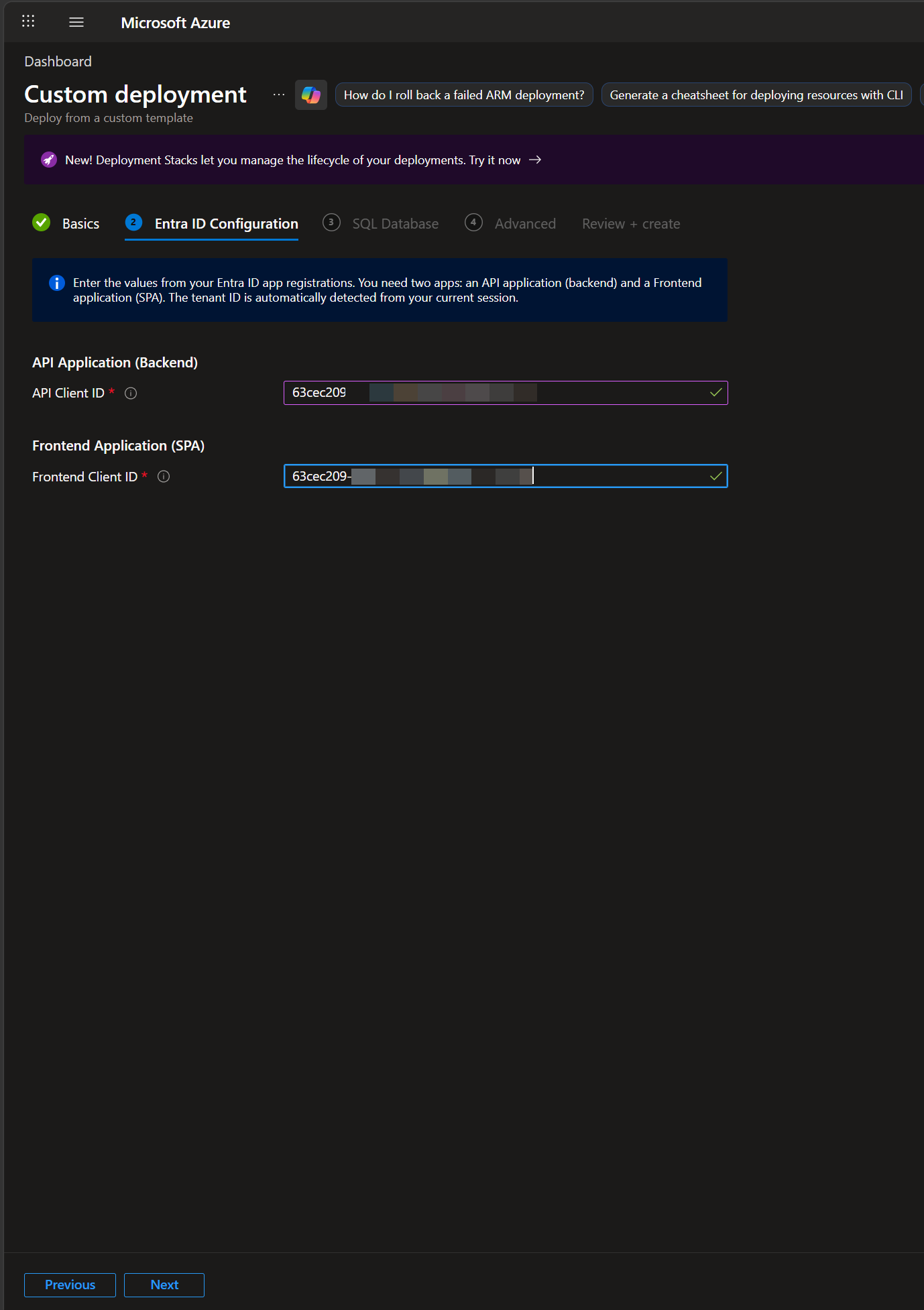 Entra ID Configuration tab showing the Application (Client) ID field