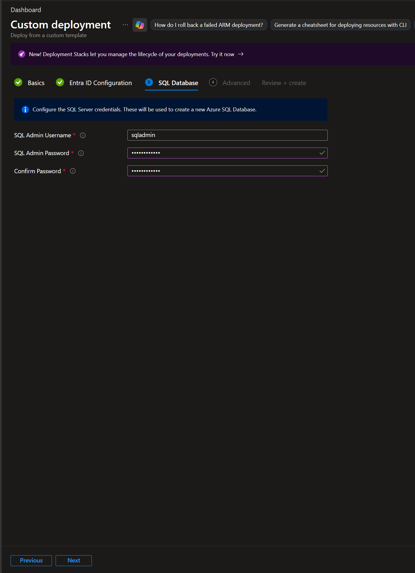 SQL Database tab of the deployment wizard