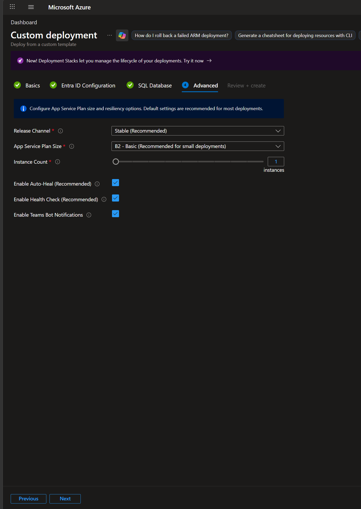 Advanced tab with release channel, plan size, and resiliency options