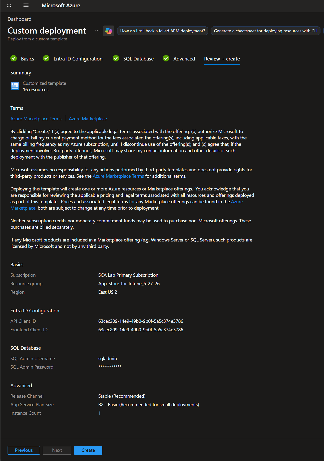 Review and create tab with the deployment summary
