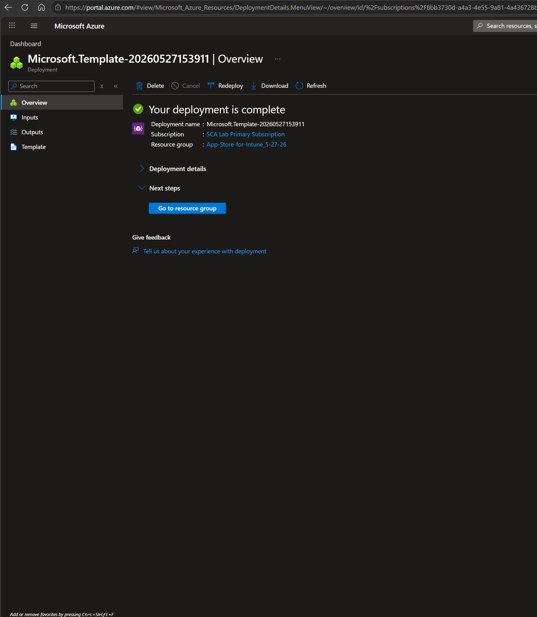 Azure Portal showing the deployment-is-complete screen