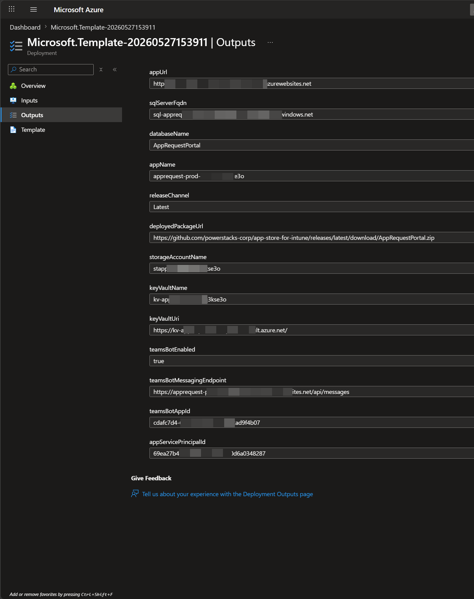 Deployment Outputs blade showing all output values