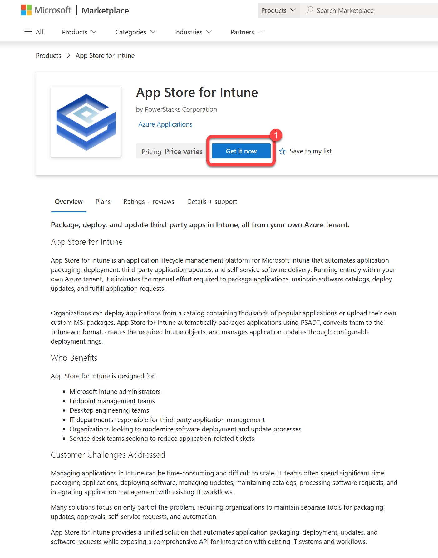 The App Store for Intune listing in the Azure Marketplace