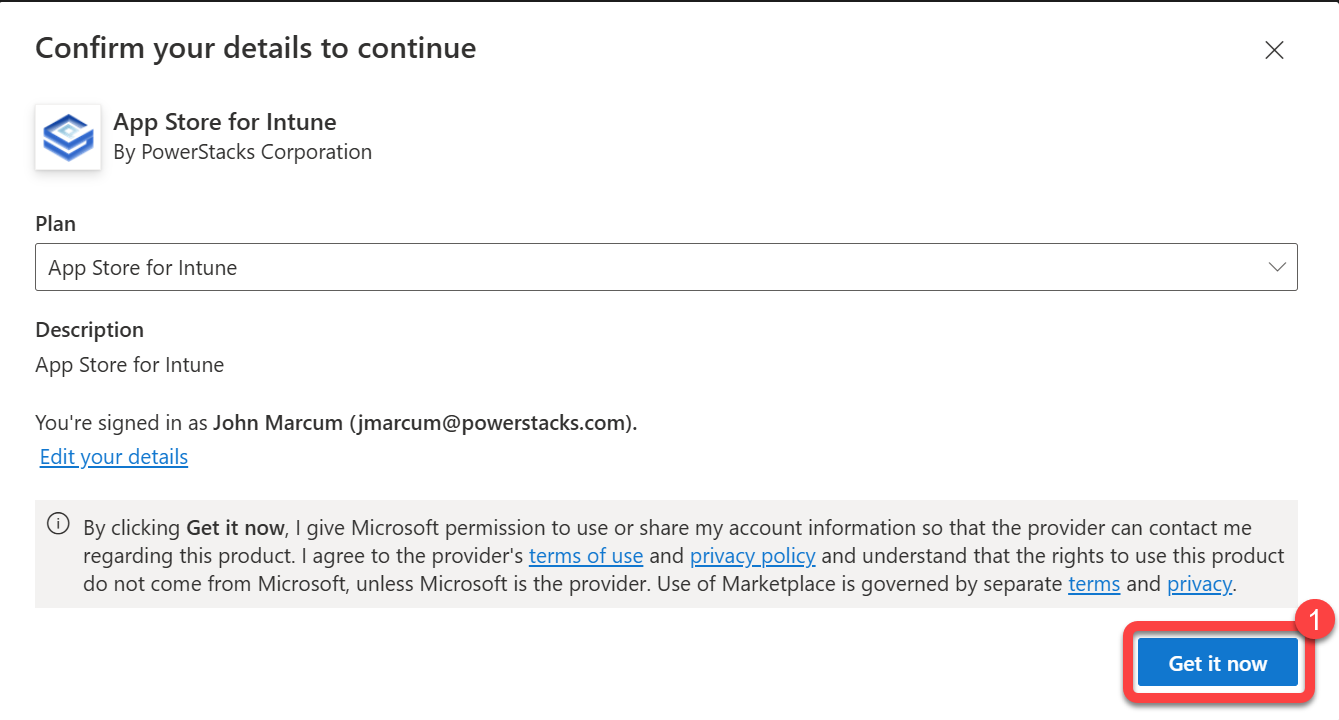 Confirming the App Store for Intune plan before selecting Get It Now