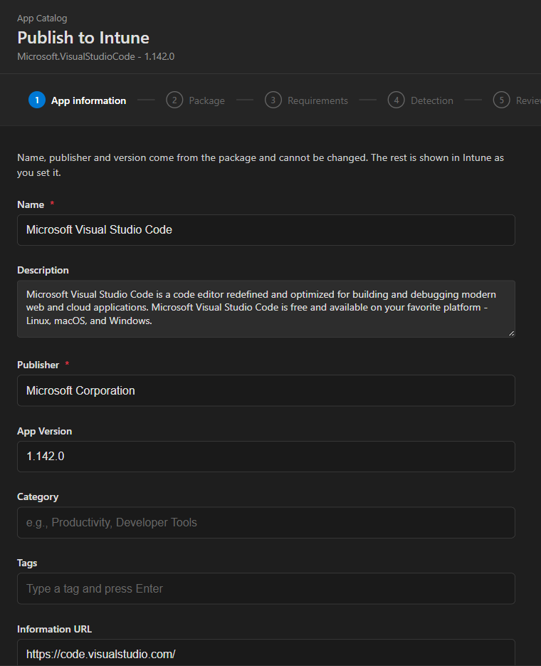 Publish wizard showing app information for a catalog app