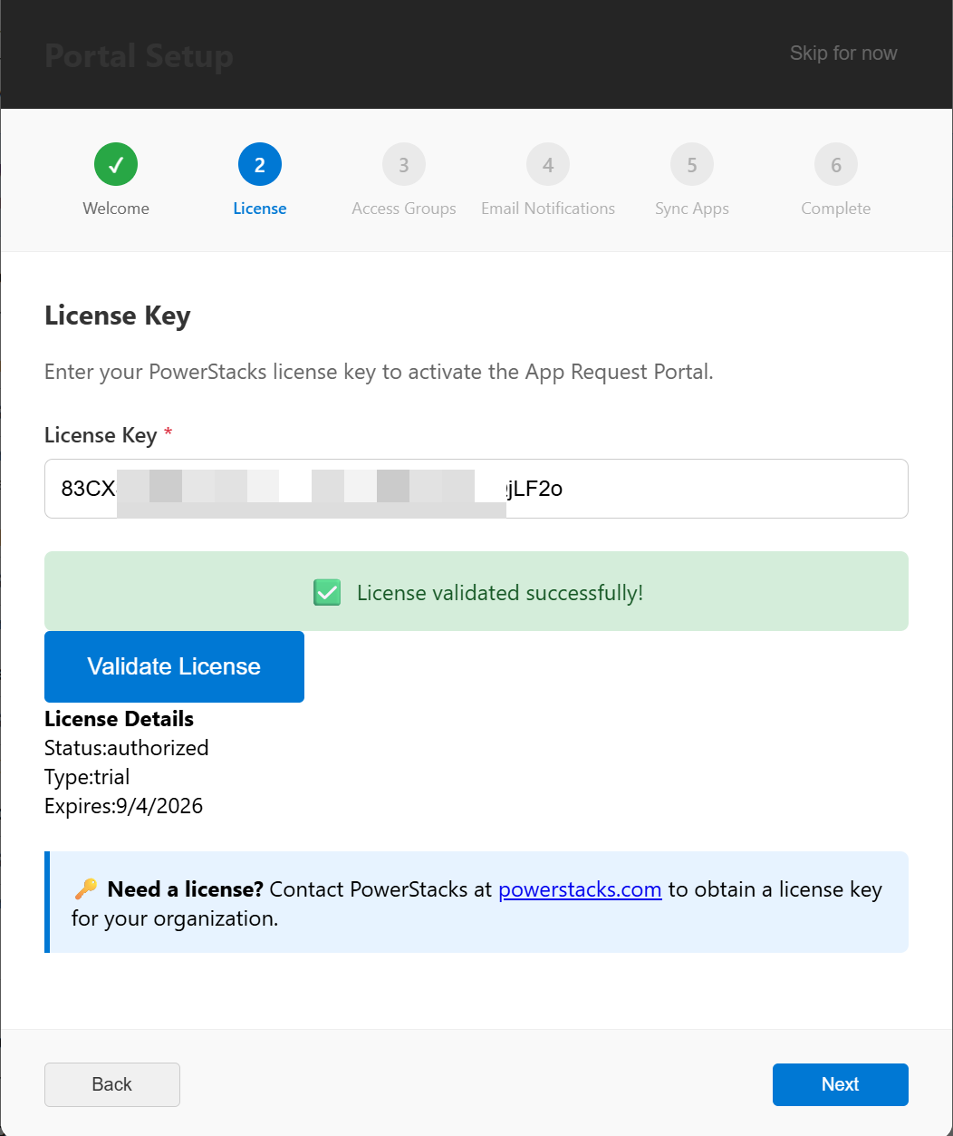 Setup Wizard step showing license activation