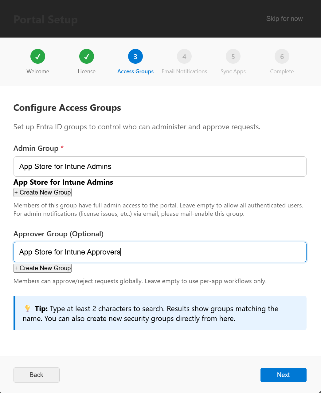 Setup Wizard step showing admin security group selection