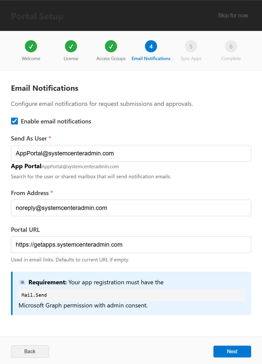 Setup Wizard step showing email notification configuration