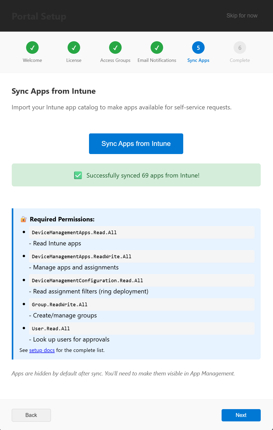 Setup Wizard showing the first Intune sync completed