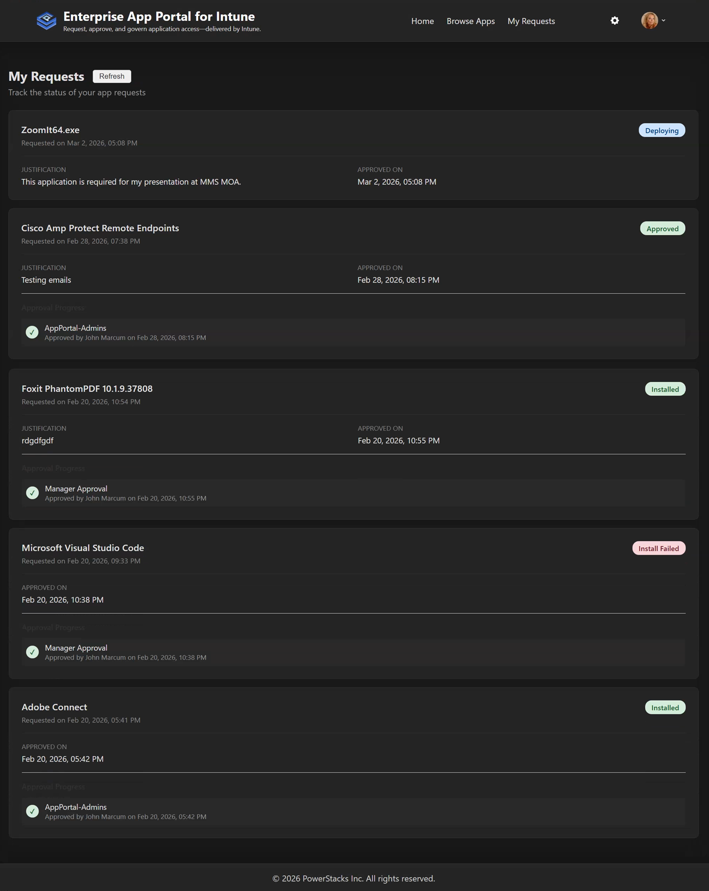 My requests page