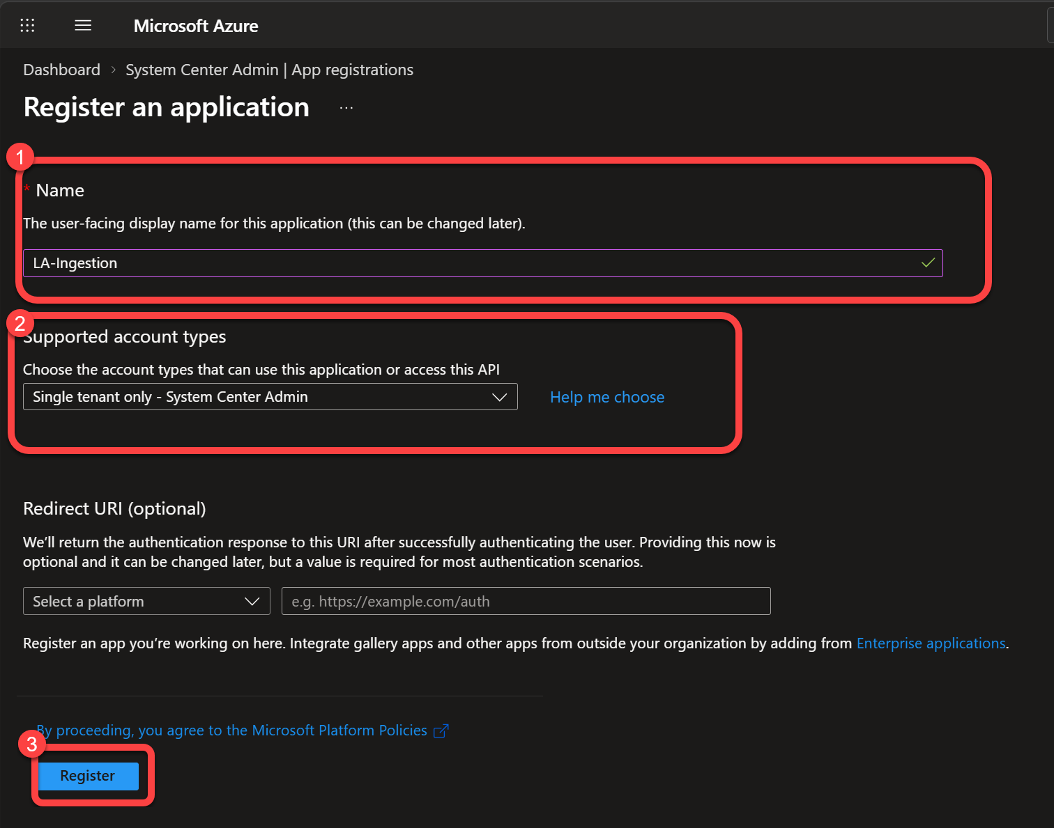 Register an application, single tenant