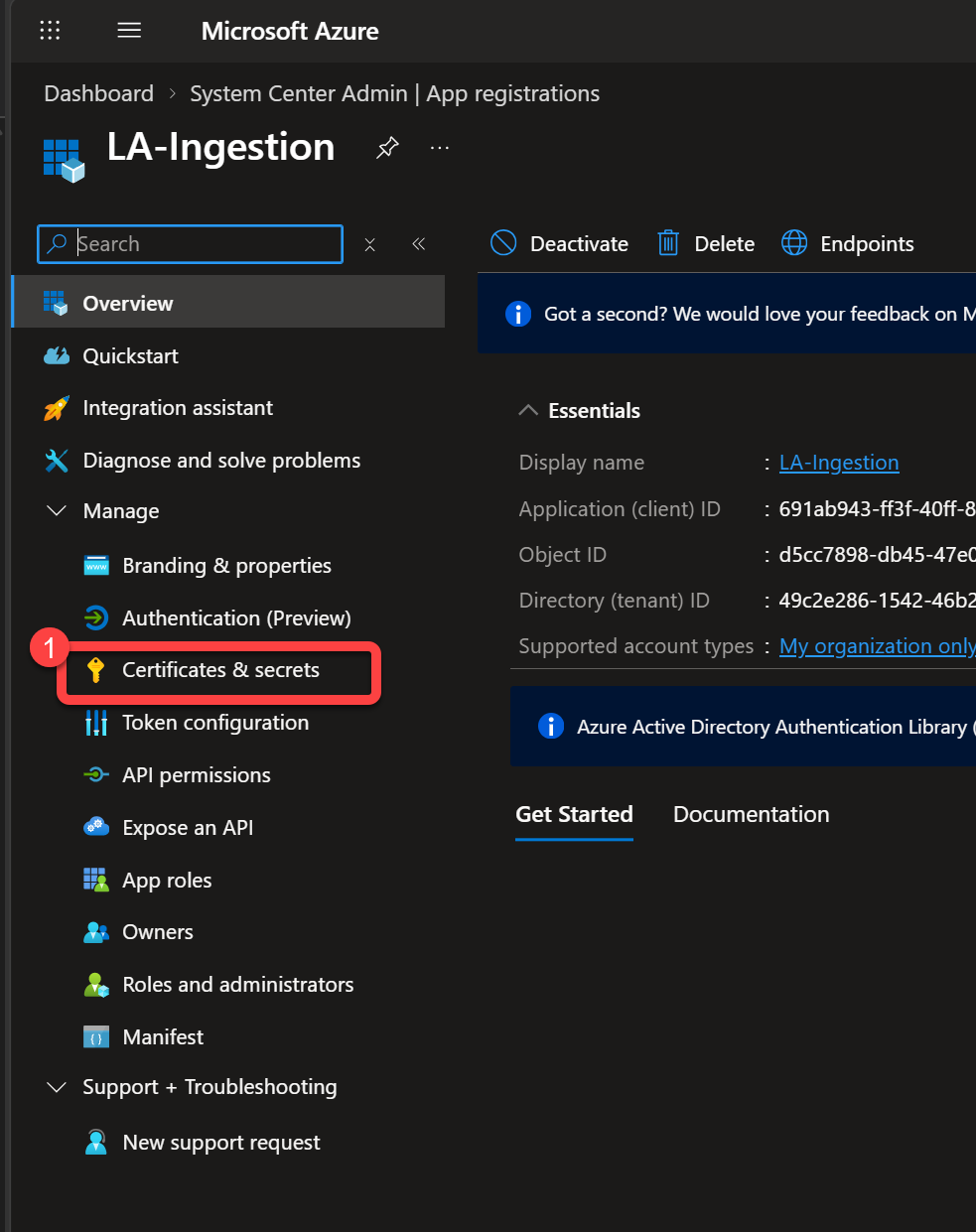 Certificates & secrets in the app registration