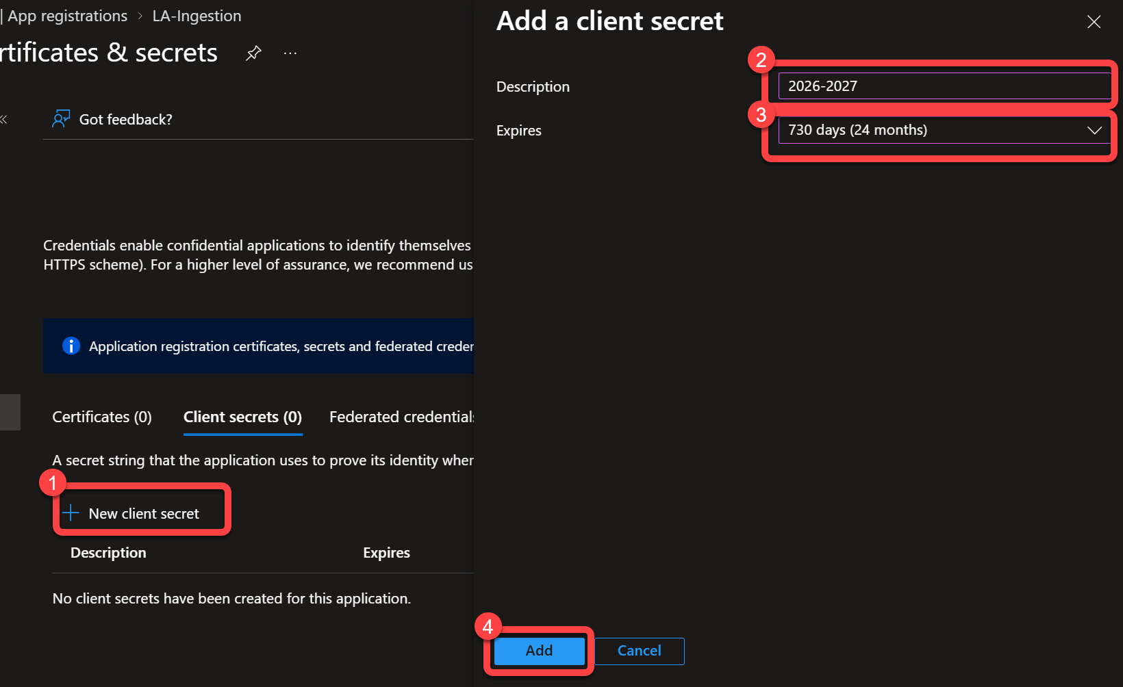 New client secret dialog with description and expiration