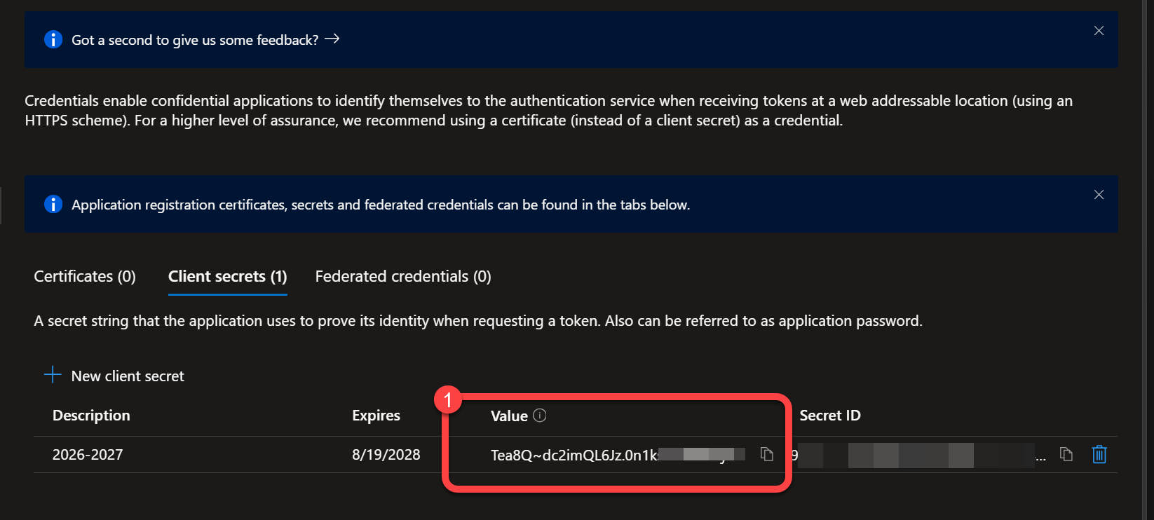Copy the client secret value