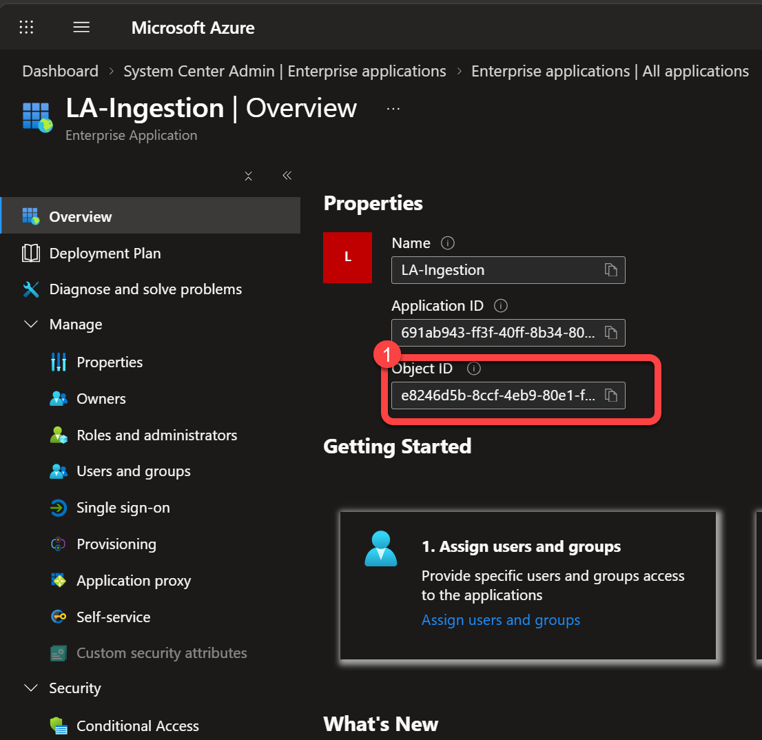 Enterprise application Overview showing the Object ID