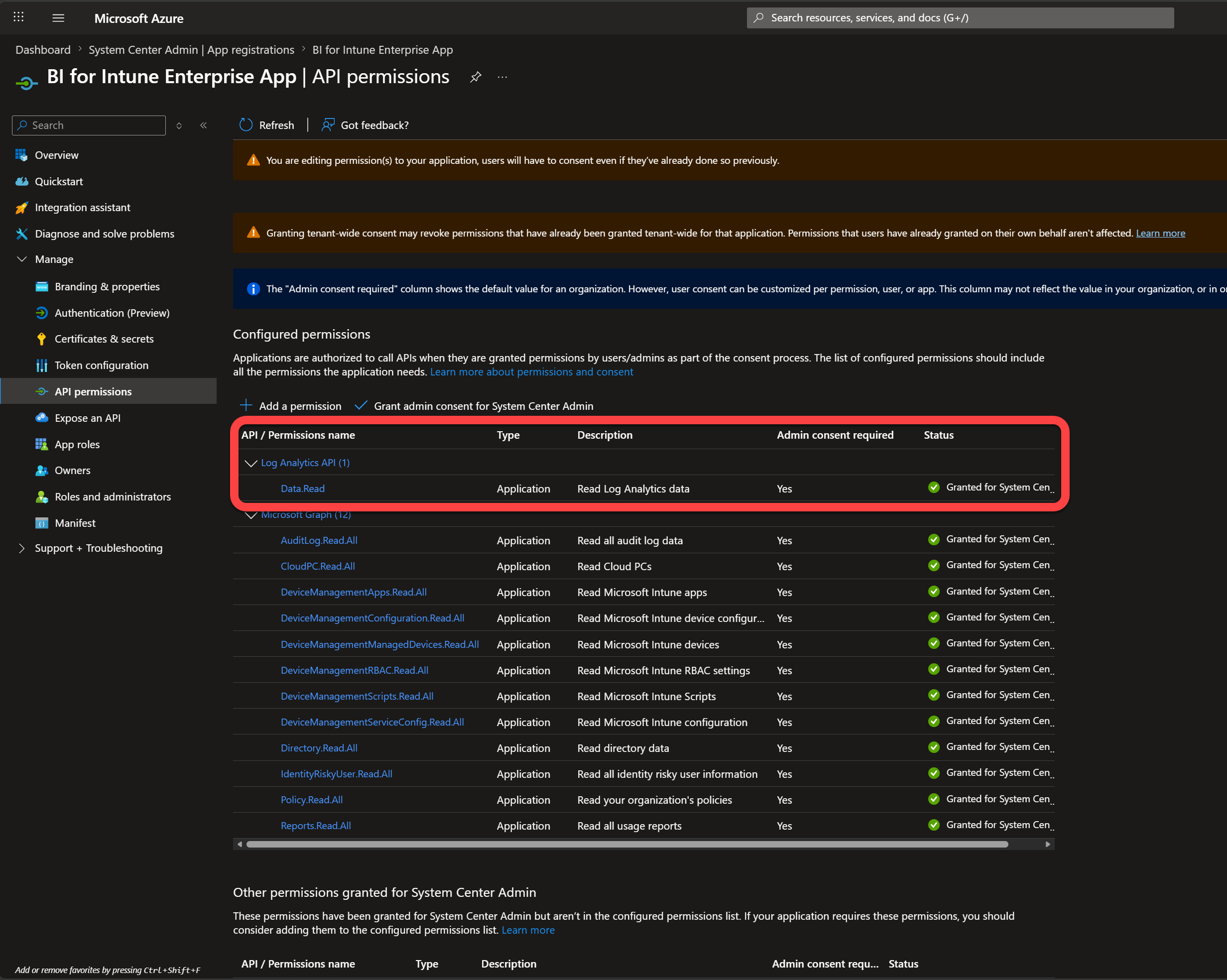 BI for Intune app registration showing the Log Analytics API Data.Read permission granted