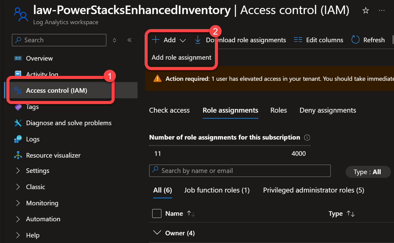 Log Analytics workspace Access control (IAM) with Add role assignment