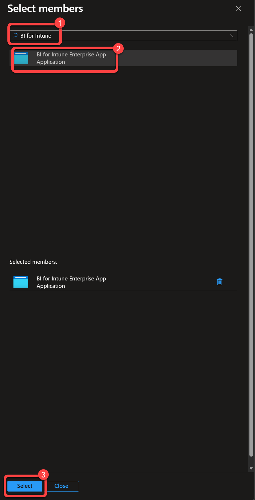 Selecting the BI for Intune app registration as a member