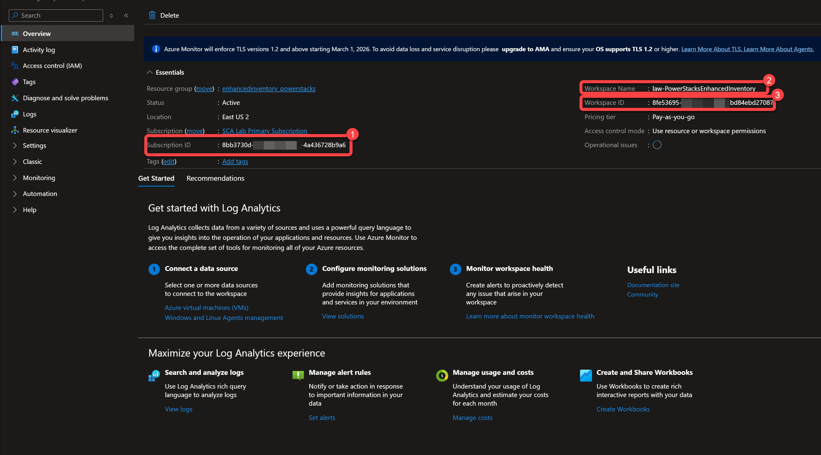 Log Analytics workspace Overview showing the Workspace ID