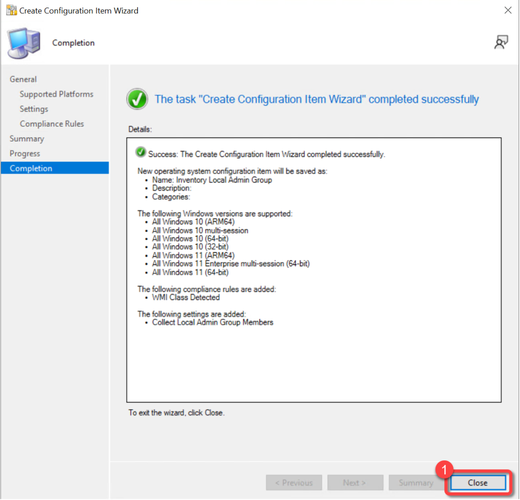 SCCM Create Config Item Close