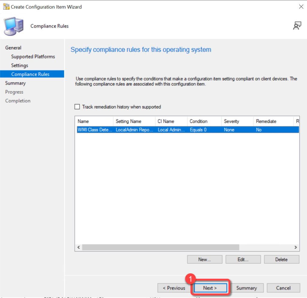 SCCM Create Config Item Compliance Rule Next
