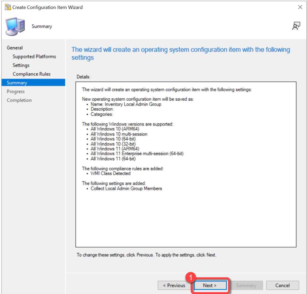 SCCM Create Config Item Summary