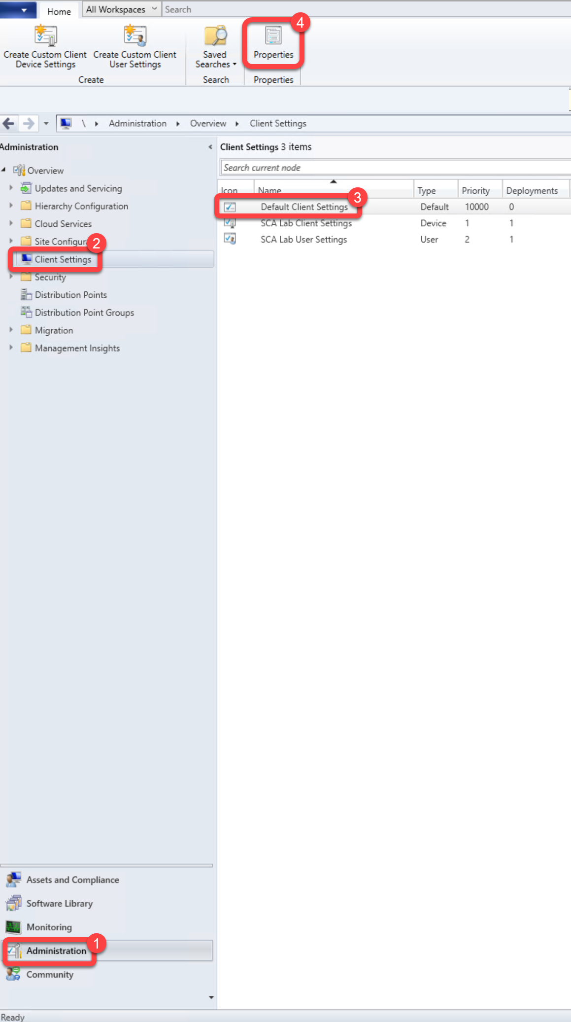 Selecting Default Client Settings in the Configuration Manager console