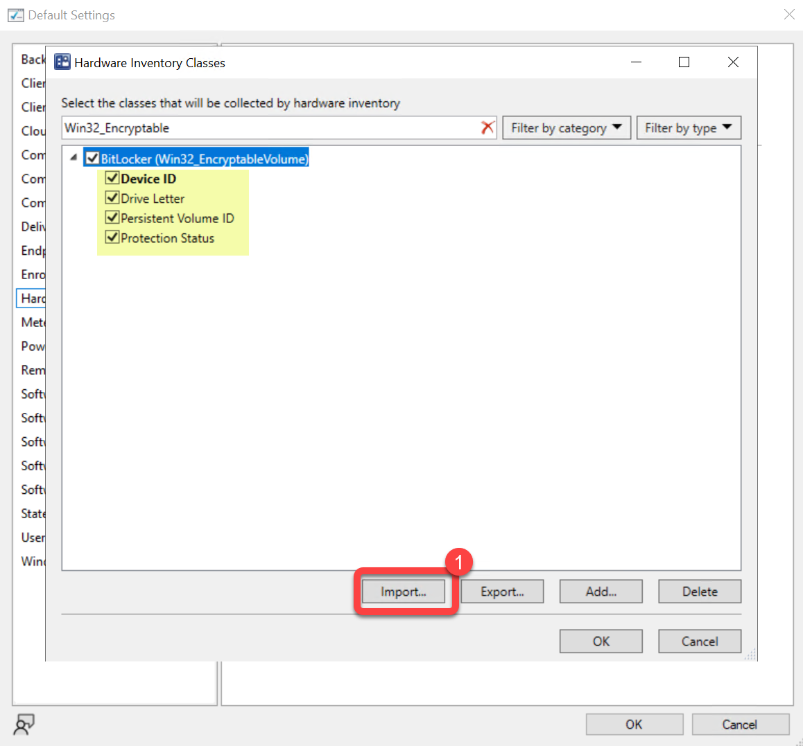 Selecting Import in the Hardware Inventory Classes dialog