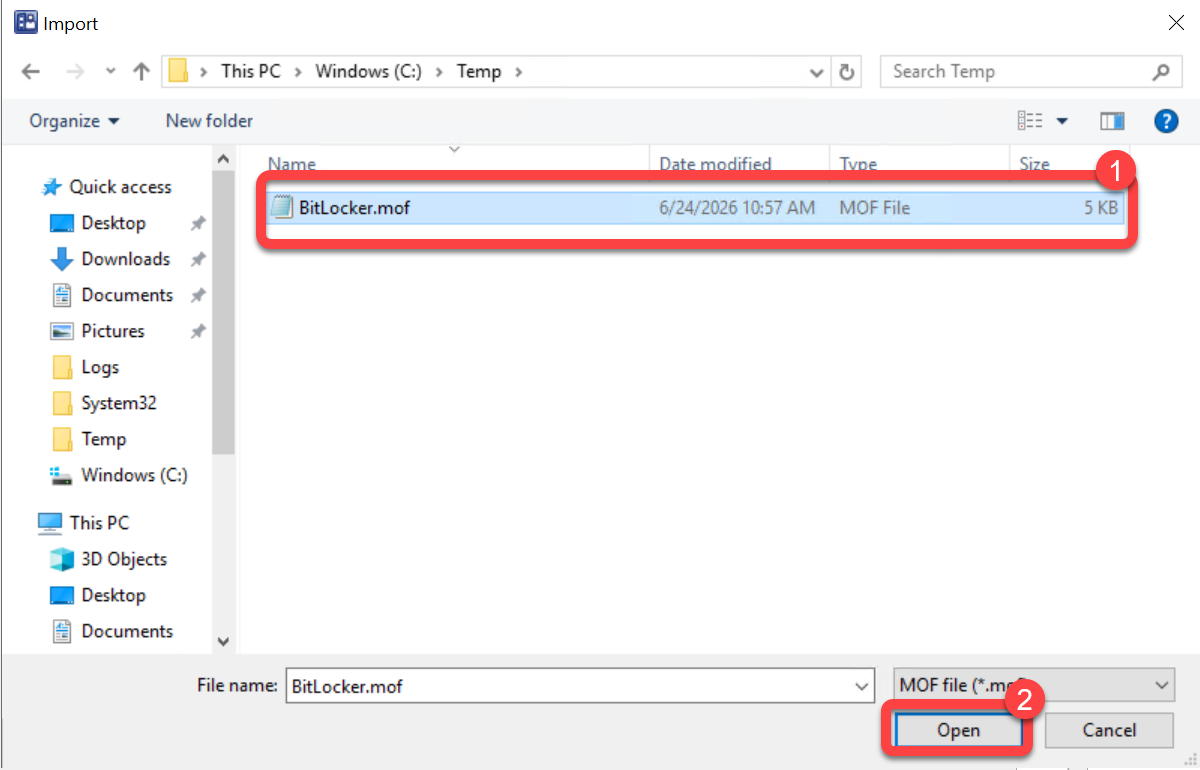 Selecting the BitLocker.mof file