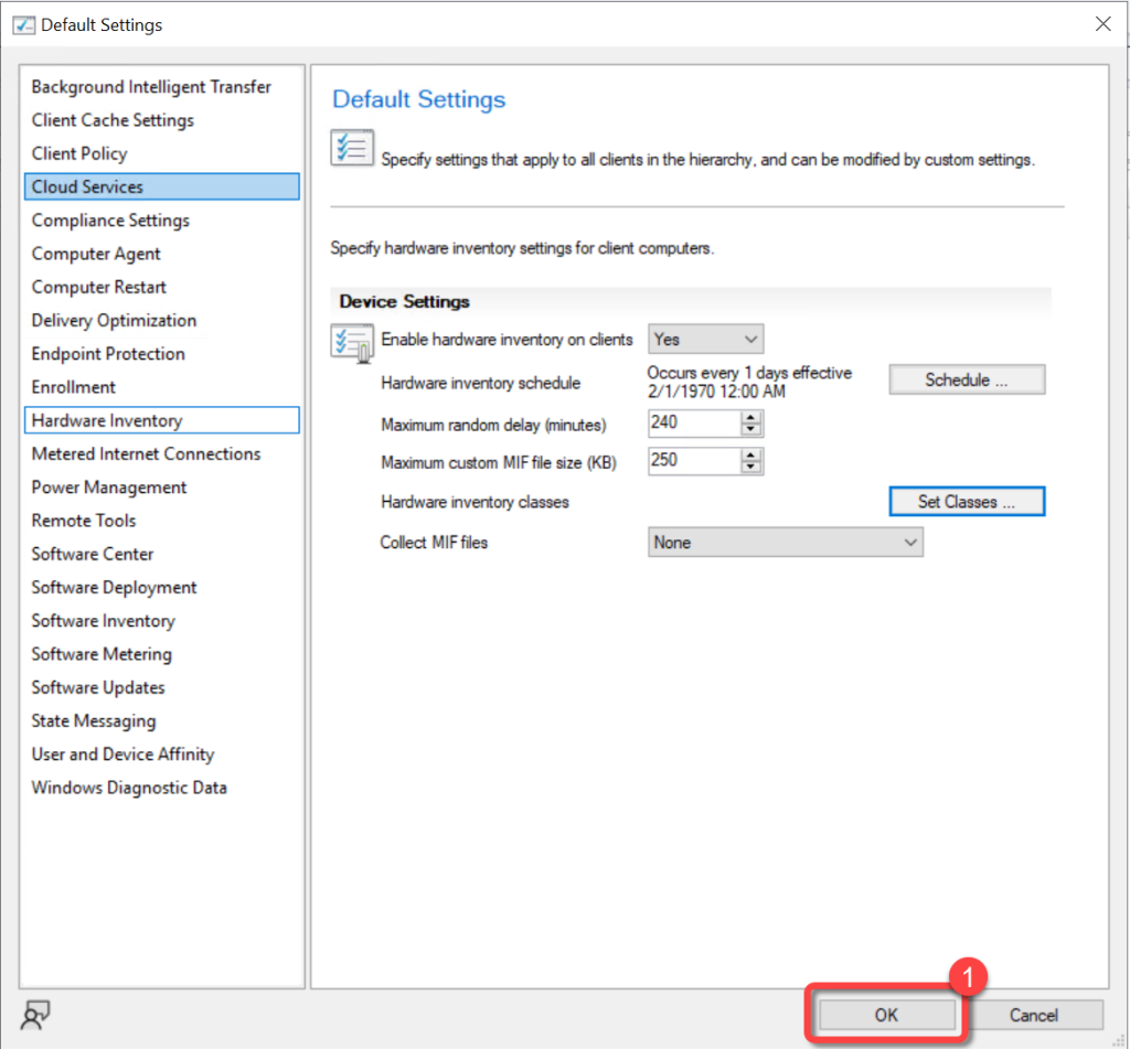 SCCM Default Client Settings Ok