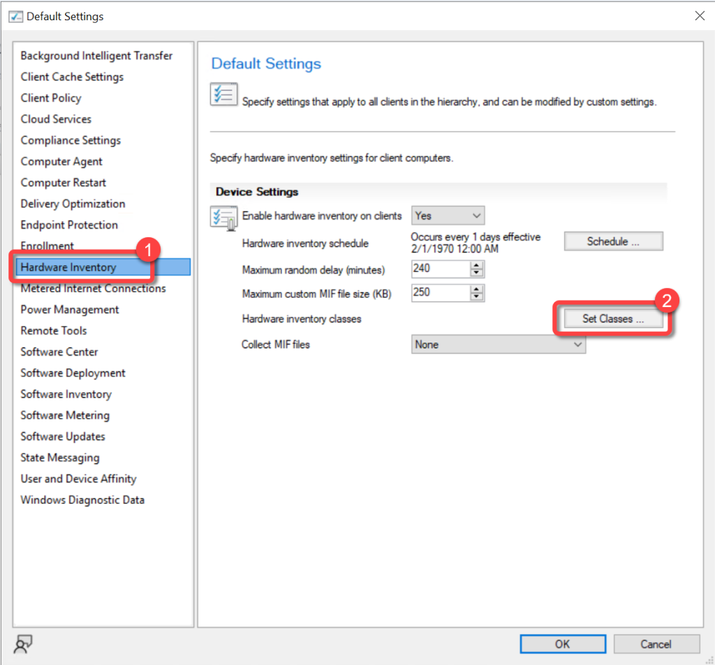 SCCM Default Client Settings Set Classes