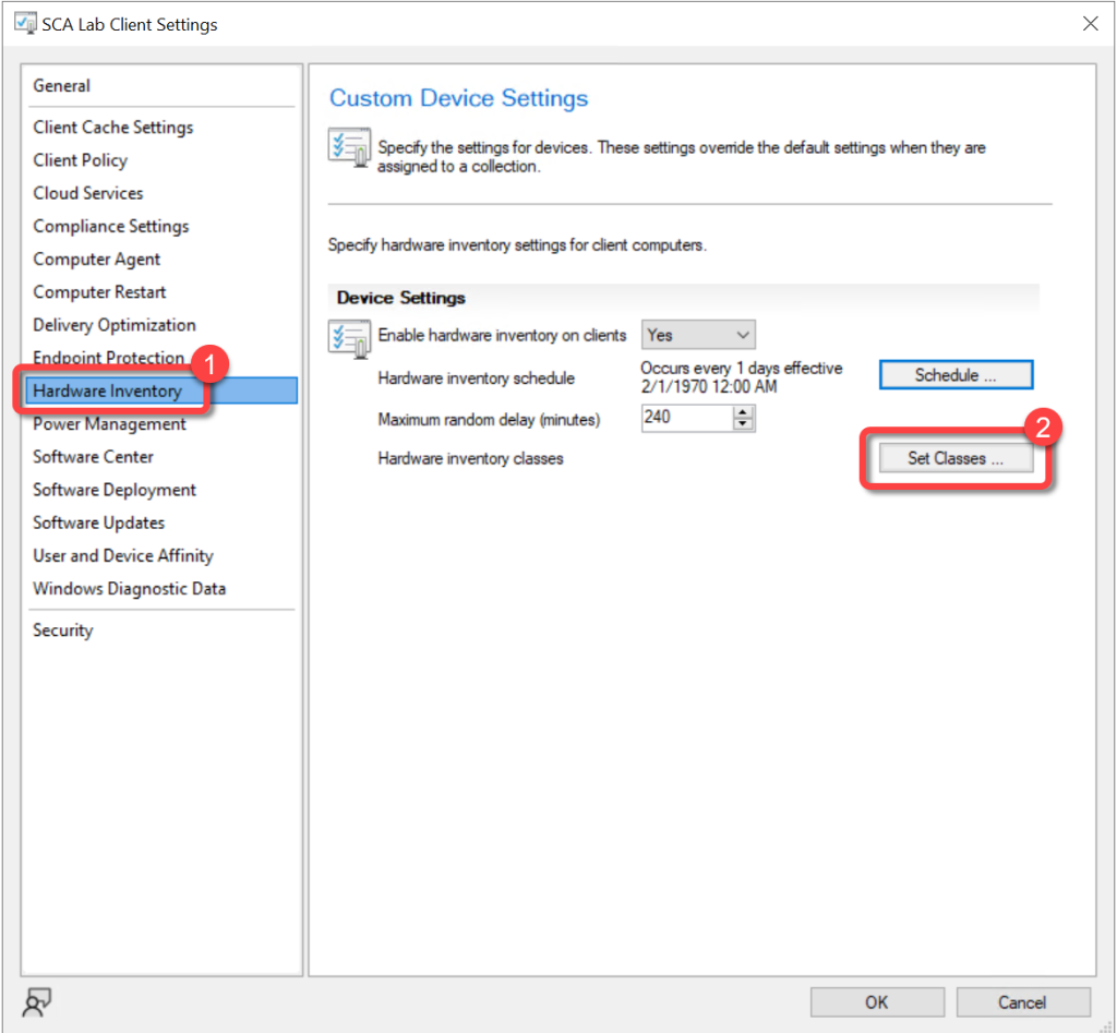 Opening the Hardware Inventory Classes dialog