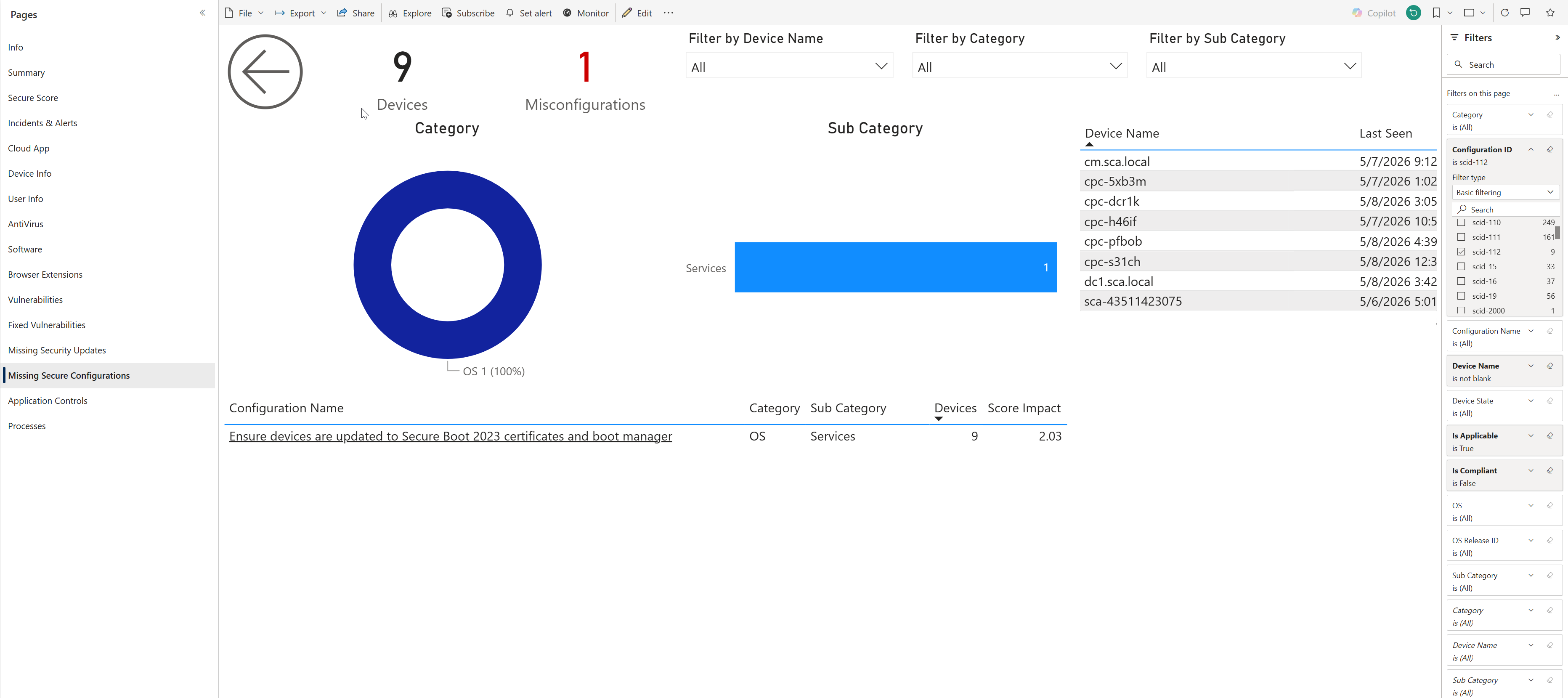 BI for Defender Missing Secure Configurations page filtered to scid-112