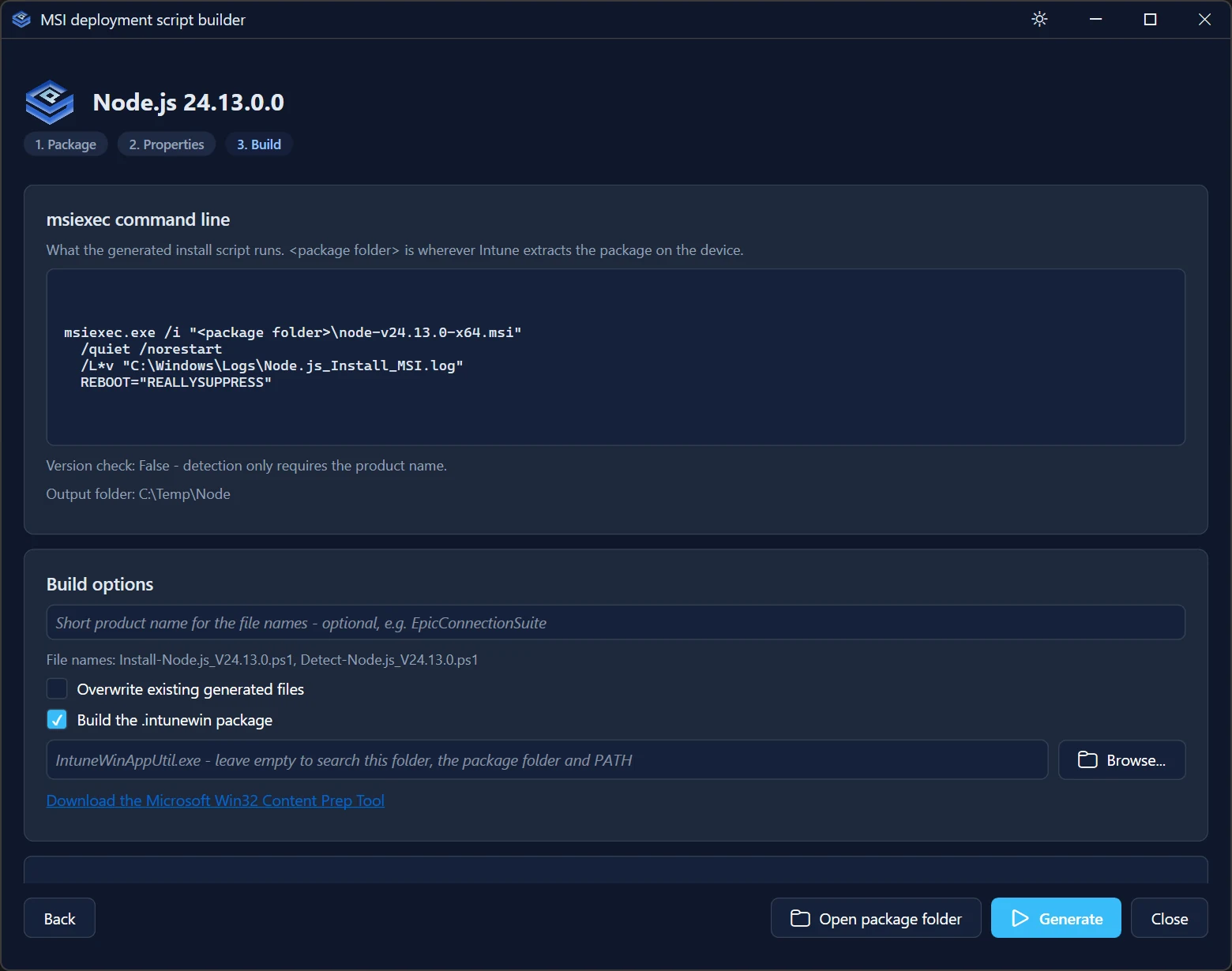 The Build page showing the full msiexec command line and build options