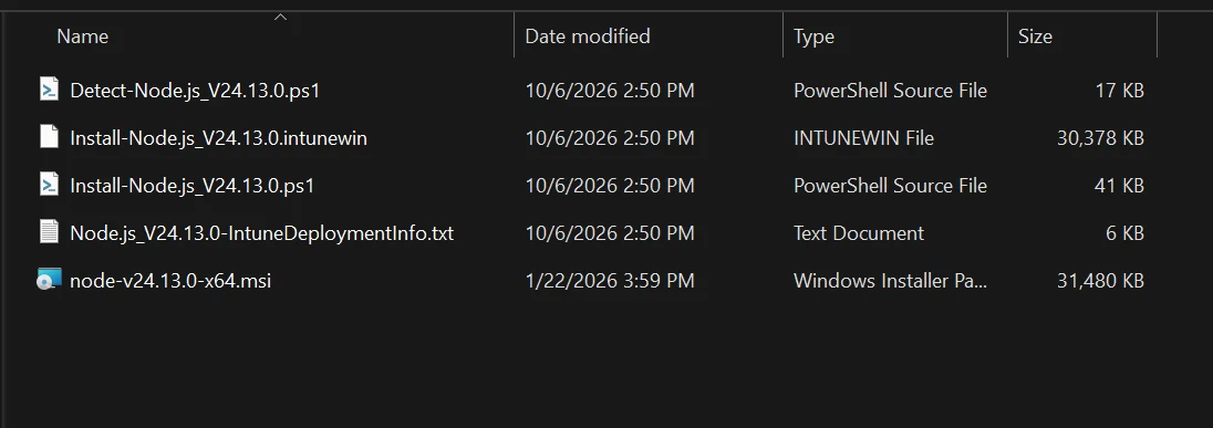 The generated install script, detection script, .intunewin and deployment info sheet in the package folder