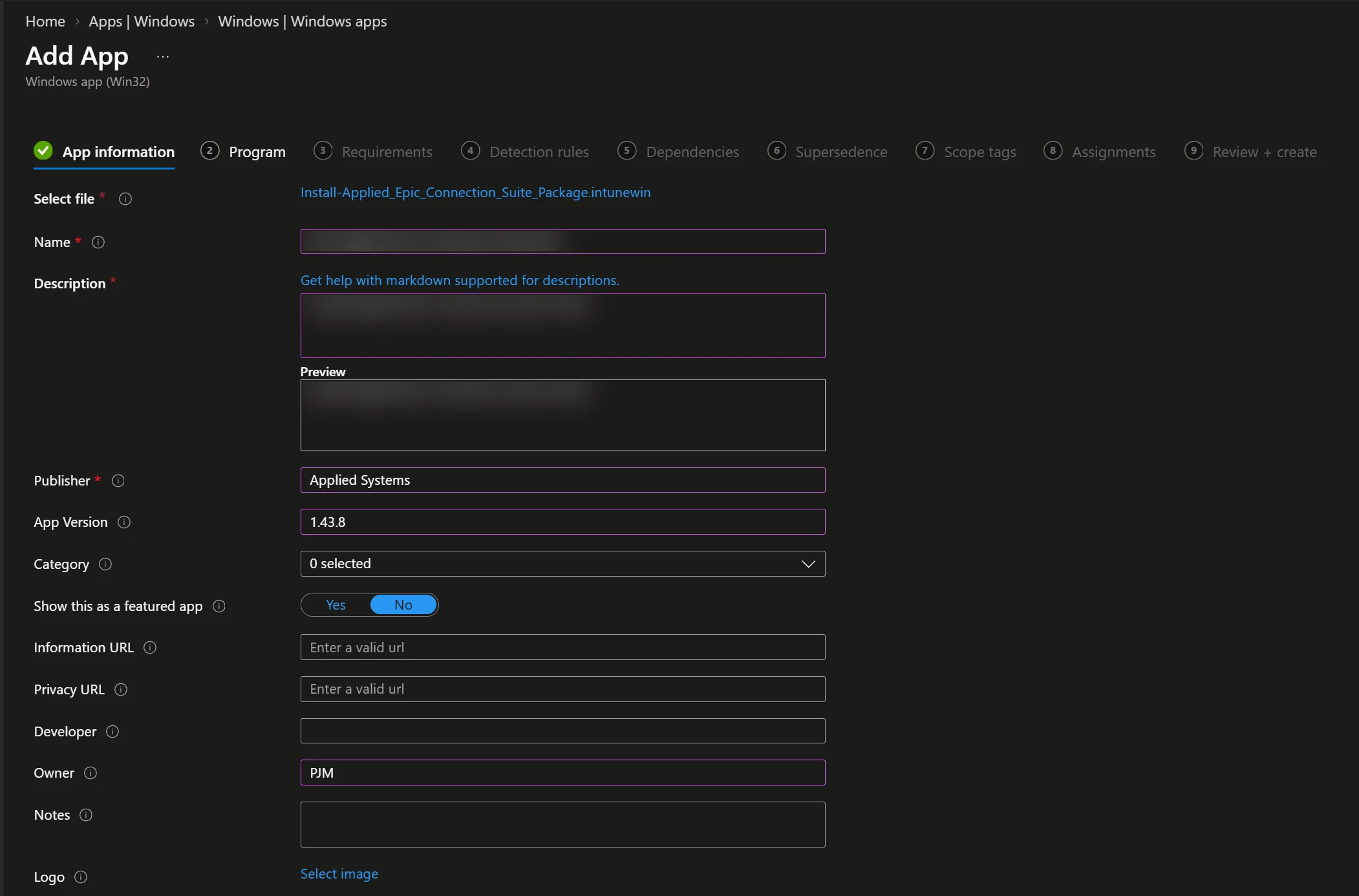 Intune App information tab with the generated .intunewin selected and Publisher and App Version taken from the MSI