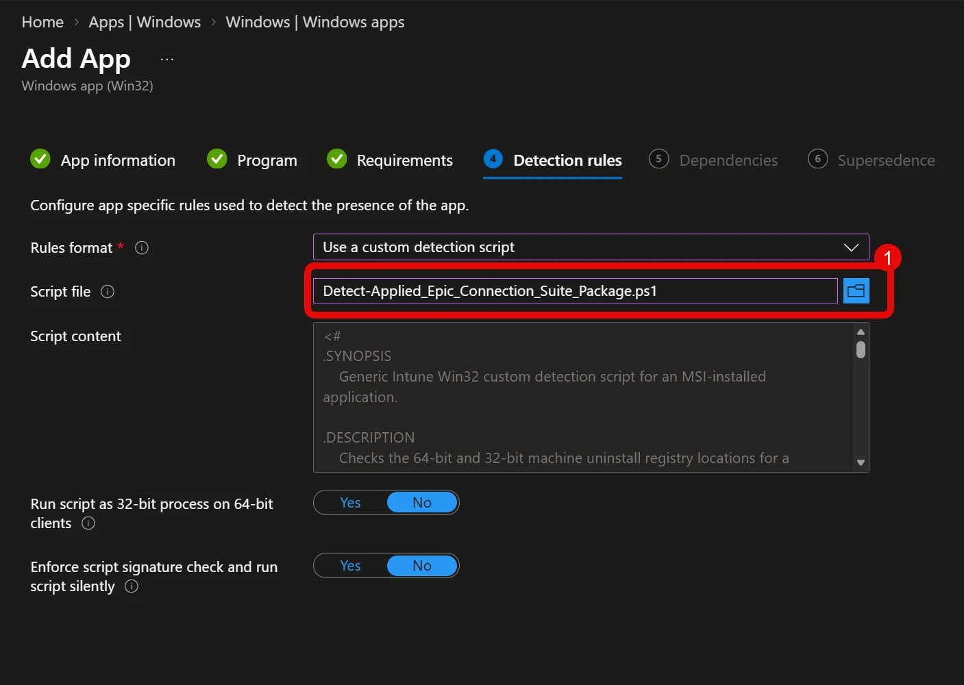 Intune Detection rules tab using the generated custom detection script