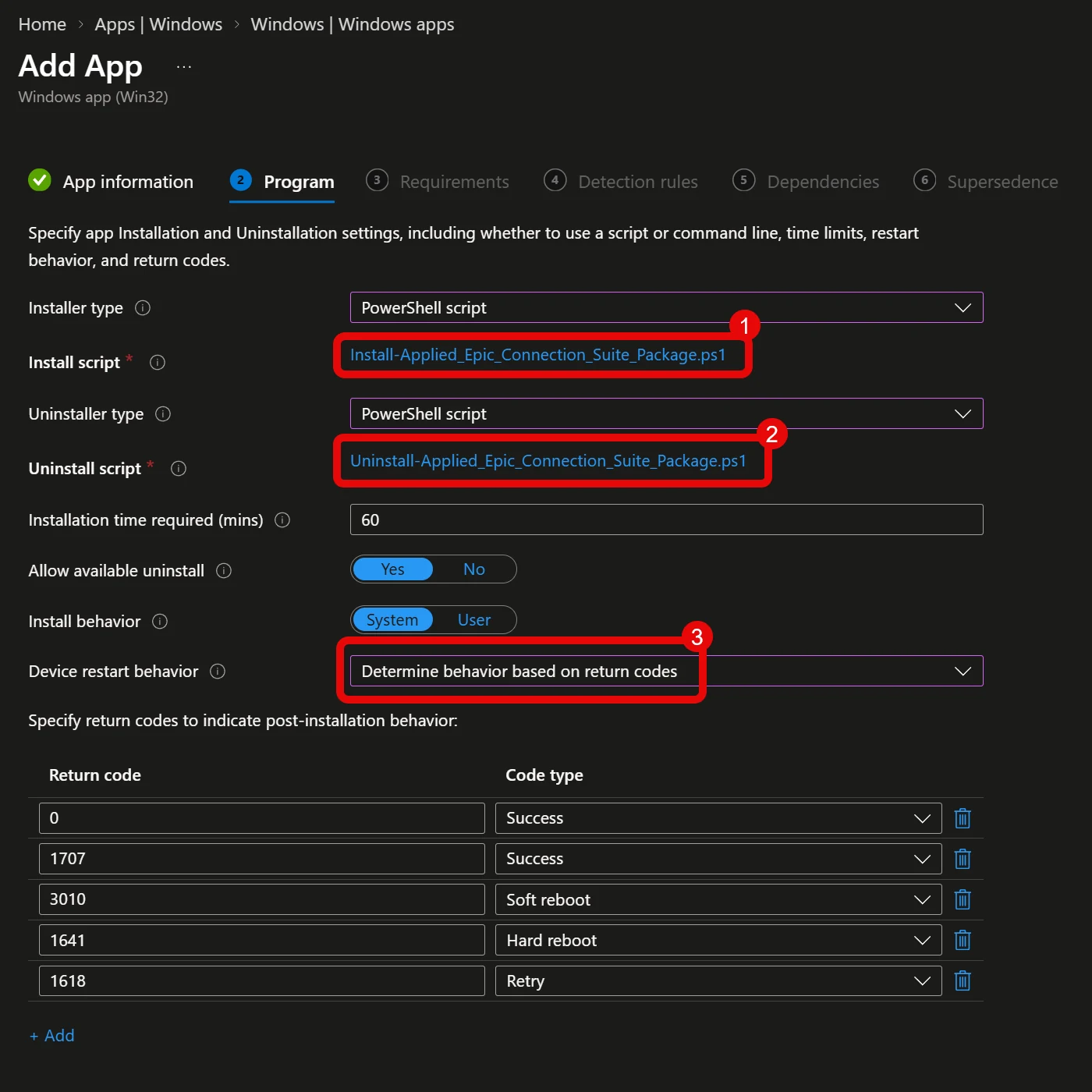 Intune Program tab with the generated install and uninstall scripts and restart behavior set from return codes