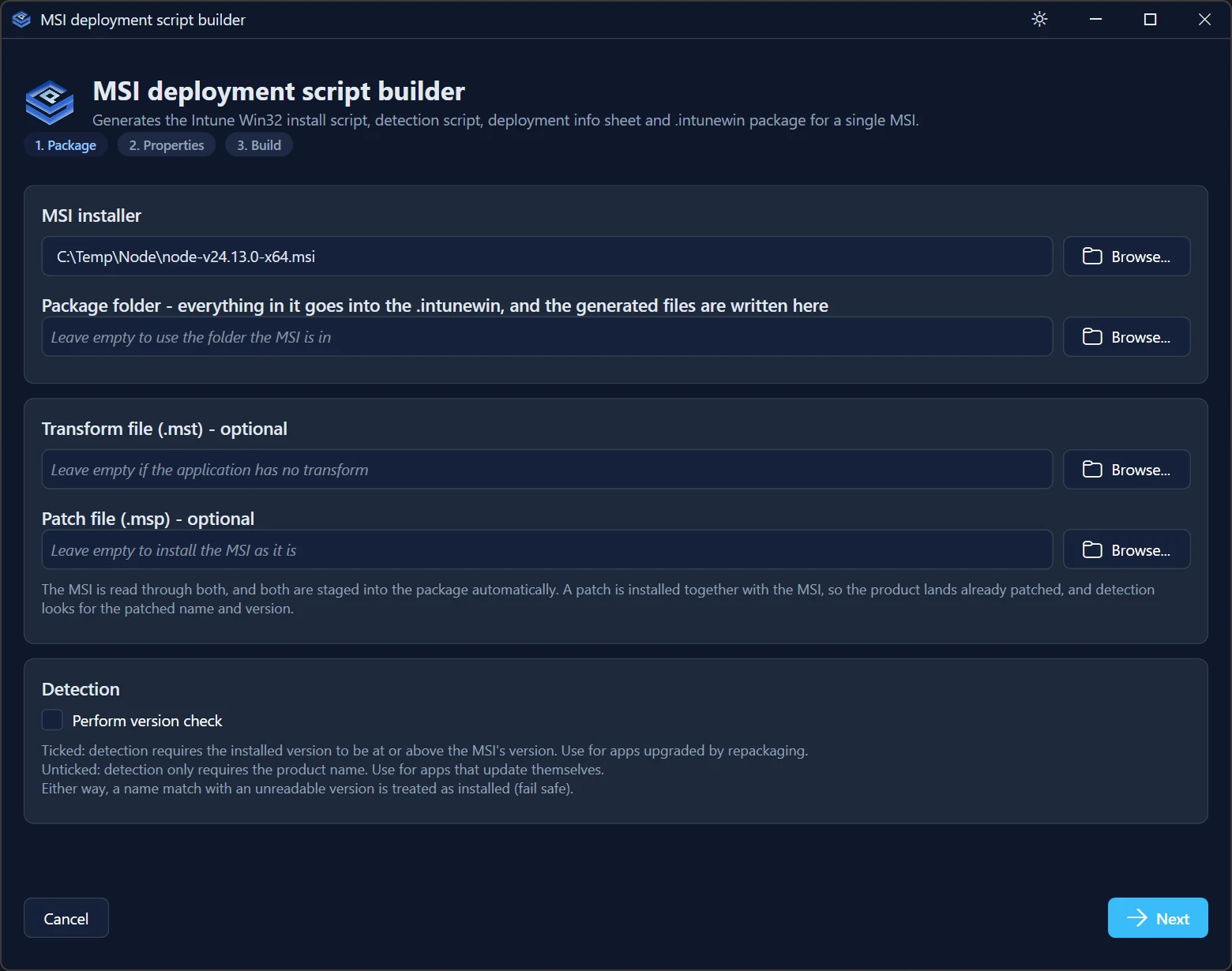 The Package page of the MSI deployment script builder
