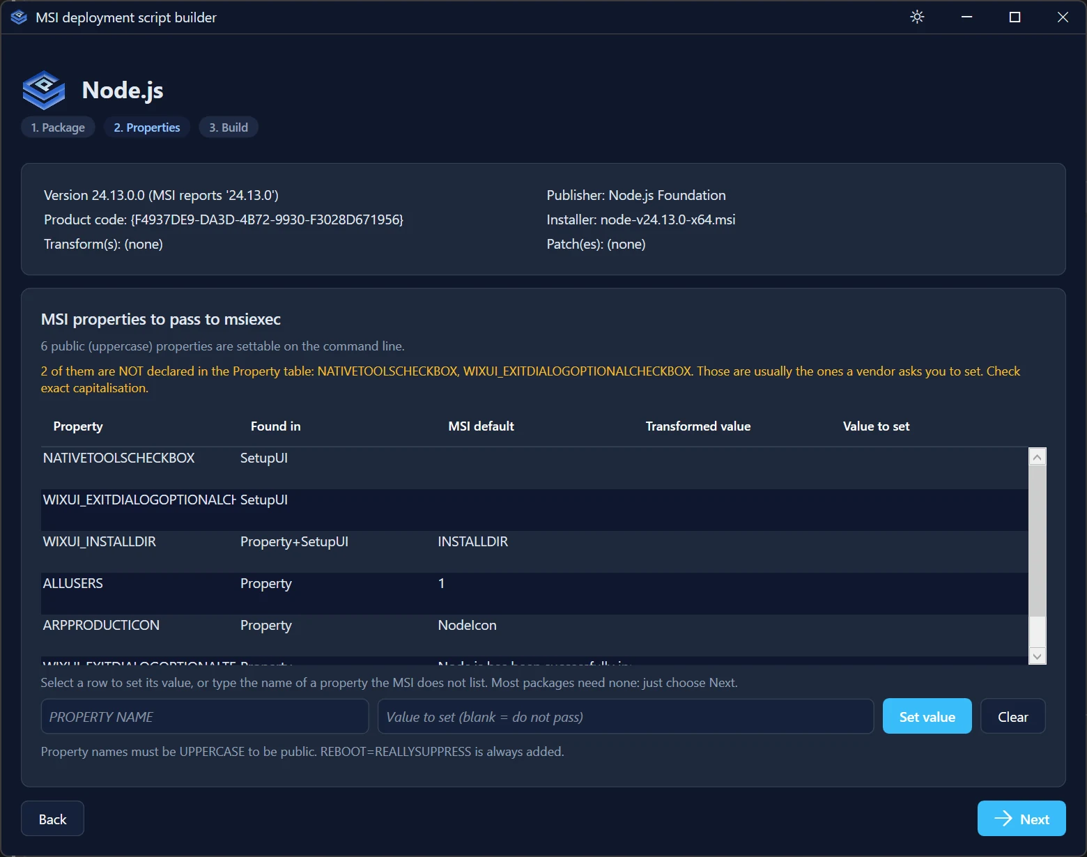 The Properties page listing every settable MSI property, with undeclared properties flagged