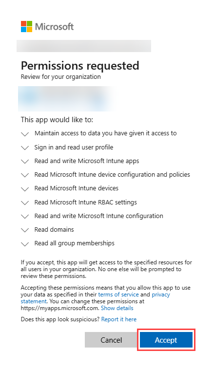 Screenshot of Microsoft Entra app consent screen showing requested Intune permissions