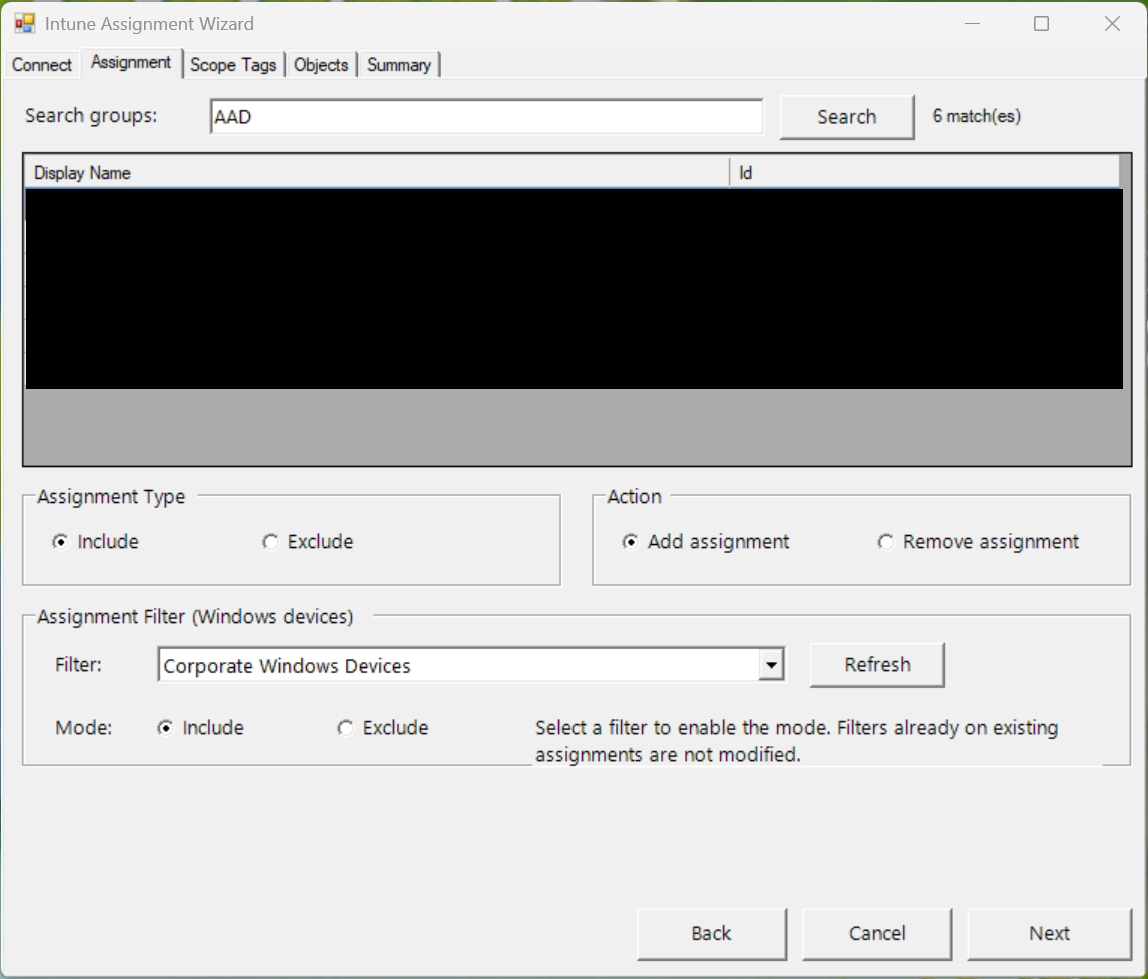 The Assignment tab: search for a group, pick Include or Exclude, Add or Remove, and an optional filter